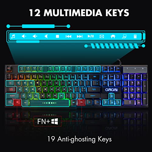 CHONCHOW Wired Gaming Keyboard for Mac PC PS5 PS4 Xbox One Gamers, RGB Backlit LED Mechanical Feel Keyboard with Multimedia Keys Number Pad, 104 Keys USB Desktop Computer Windows Keyboard (Black)