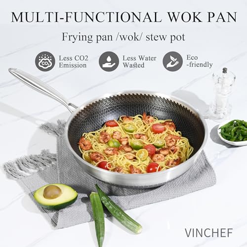 Vinchef Stainless Steel Wok Pan with Glass Lid 12 Inch Nonstick Stir Frying Pan Induction Compatible and Dish Washer Safe