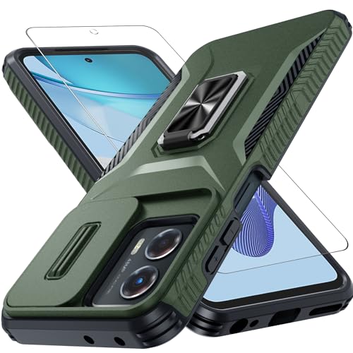 CASEJEEN for Motorola Moto G Power 5G/Moto G 5G 2023 Case with Tempered Glass Screen Protector and Camera Lens Cover, Ring Stable Kickstand,Heavy Duty Shockproof Protective Phone Cover-Alpine Green