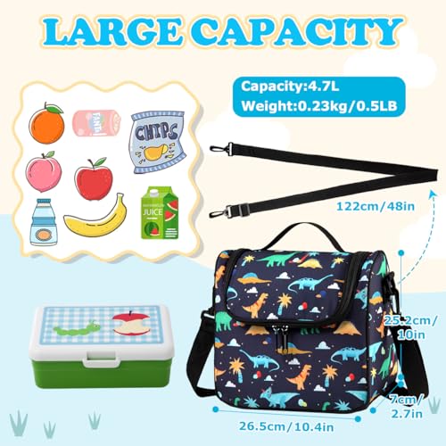 Chase Chic Insulated Lunch Bag for Boys, Dinosaur Pattern, Polyester Material, 4.7L Capacity, 10.4" x 10" x 2.7"