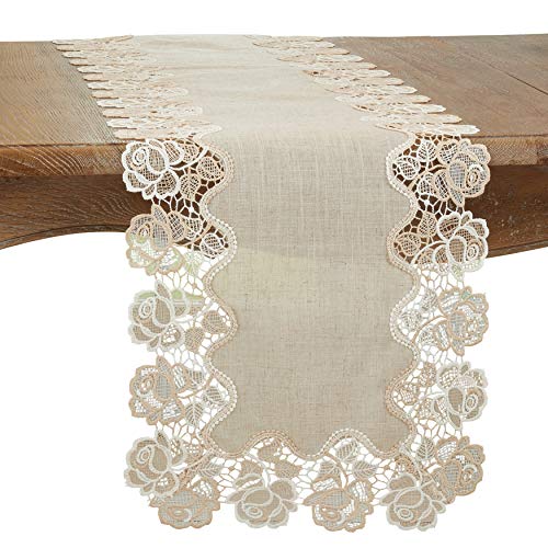 SARO LIFESTYLE June Collection Lace Rose Border Table Runner, 16" x 120", Natural