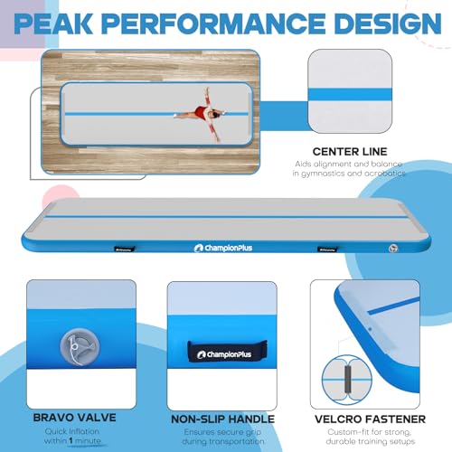 CHAMPIONPLUS 10ft 13ft 16ft 20ft Tumble Track Tumbling Mat Inflatable Gymnastics Air Mat 4/8 inches Thickness for Home Training Cheerleading Yoga with Electric Air Pump Blue
