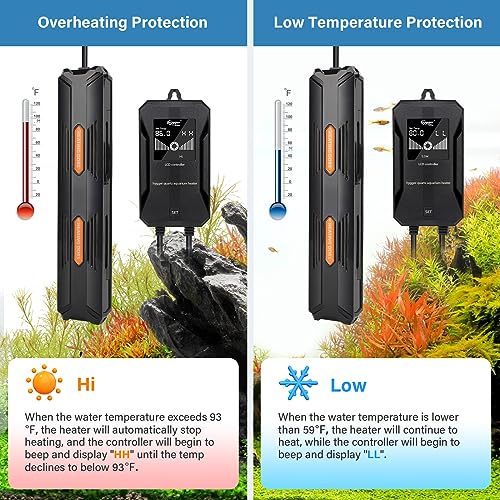 hygger Aquarium Heater, 100W/200W/300W/500W/800W Submersible Fish Tank Heater with Over-Temperature Protection and Automatic Power-Off Fish Heater with Digital Controller for Freshwater and Saltwater