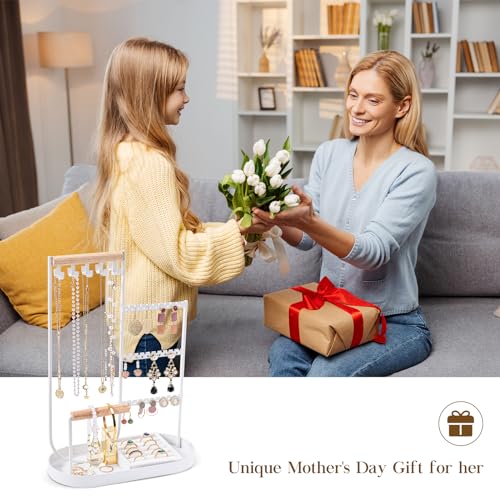 ProCase Jewelry Organizer Jewelry Holder Jewelry Stand with Velvet Ring Tray and Study Metal Frame, Necklace Holder Organizer Bracelet Display Storage Rack for Studs Rings -White