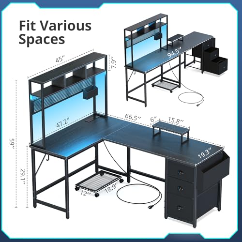 DOMICON Gaming Desk Computer Desk with Storage, L Shaped Desk with Power Outlet & LED Strip, Office Desk with Pegboard, Corner Deck for Home Office Black