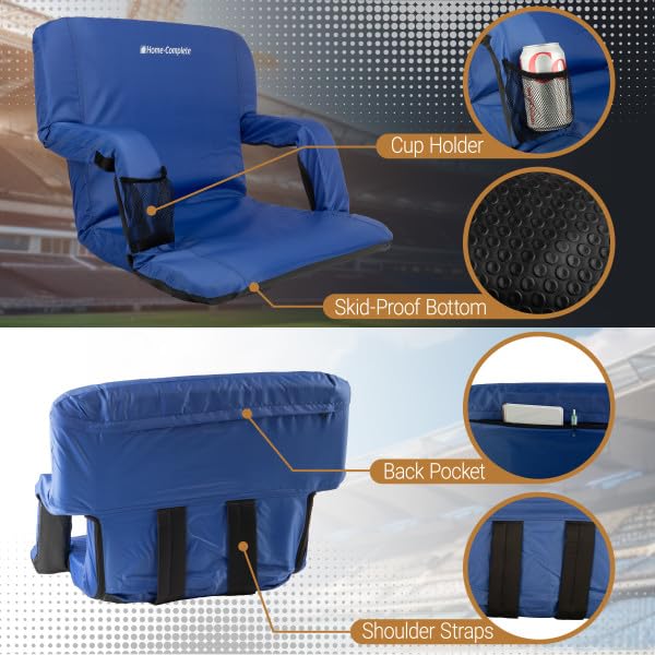 Home-Complete Wide Stadium Seat Chair - Bleacher Cushion with Padded Back Support, Armrests, 6 Reclining Positions and Portable Carry Straps (Blue)