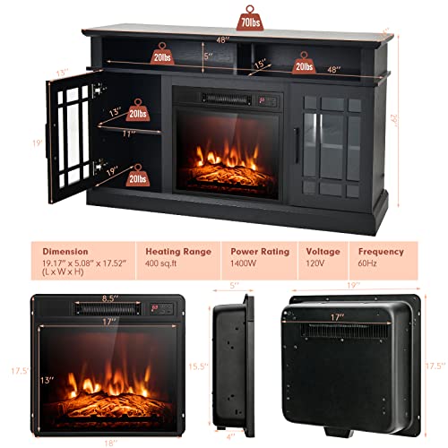 COSTWAY Electric Fireplace TV Stand for TVs Up to 55 Inches, 18-Inch Fireplace Insert with Remote, Overheat Protection, 48-Inch Wooden Media Entertainment Center with Adjustable Shelves, Black
