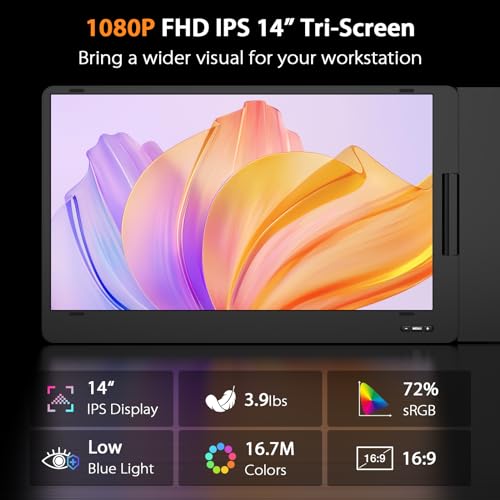 QQH Triple Portable Monitor, 14” FHD 1080P IPS Laptop Screen Extender with Alloy Stand, Only One USB-C Plug and Play Laptop Monitor Extender Compatible with MacOS, Wins, Android for 12-16” Laptops