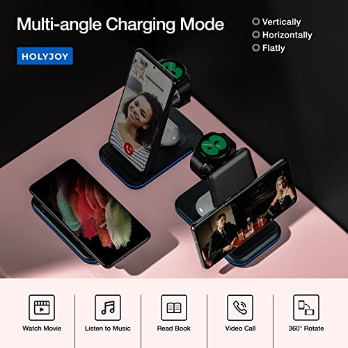 Wireless Charger for Samsung/Android, HOLYJOY Foldable 3 in 1 Fast Charging Station/Stand/Multi Charger for Samsung S24/S23/S22/Note 20, Travel Pad for Galaxy Watch 7/6/5/4/Active 2, for Buds(Black)