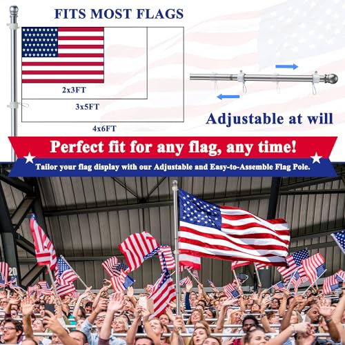 PHITRIC Flag Pole for Kit, 5FT Stainless Steel Flagpole for 3x5 American Flag, Weather Resistant 1" Flag Poles for Outside House, Tangle Free (Silver, Without Bracket)