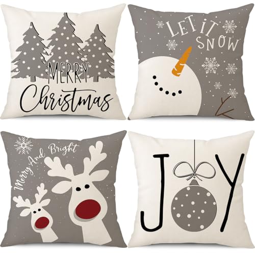 PSDWETS Christmas Pillow Covers 18x18 Set of 4 Christmas Decorations Snowman Deer Christmas Tree Winter Holiday Decor Throw Cushion Case for Home Couch