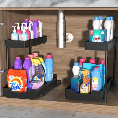 petisal Under Sink Organizer -2 PACK|Pull Out Bathroom Organizer|2 Tier Slide Out Bathroom/Kitchen Organiers and Storage. (L-Shape 2PACK)