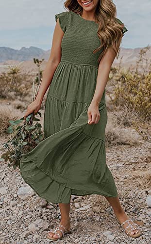 MEROKEETY Women's Flutter Short Sleeve Smocked Midi Dress Summer Casual Tiered A-Line Dress,ArmyGreen,M