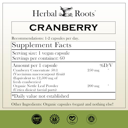 Herbal Roots Extra Strength Cranberry Pills for Women & Men with Organic Nettle | Urinary Tract Health | 60 Vegan Capsules