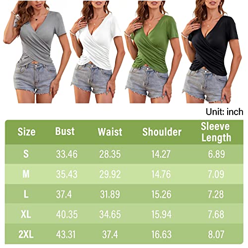 ANRILITA Deep V Neck Tops for Women Summer Casual Sexy Short Sleeve Slim Fitted Bodycon Cross Wrap Crop Tops T Shirts Blue