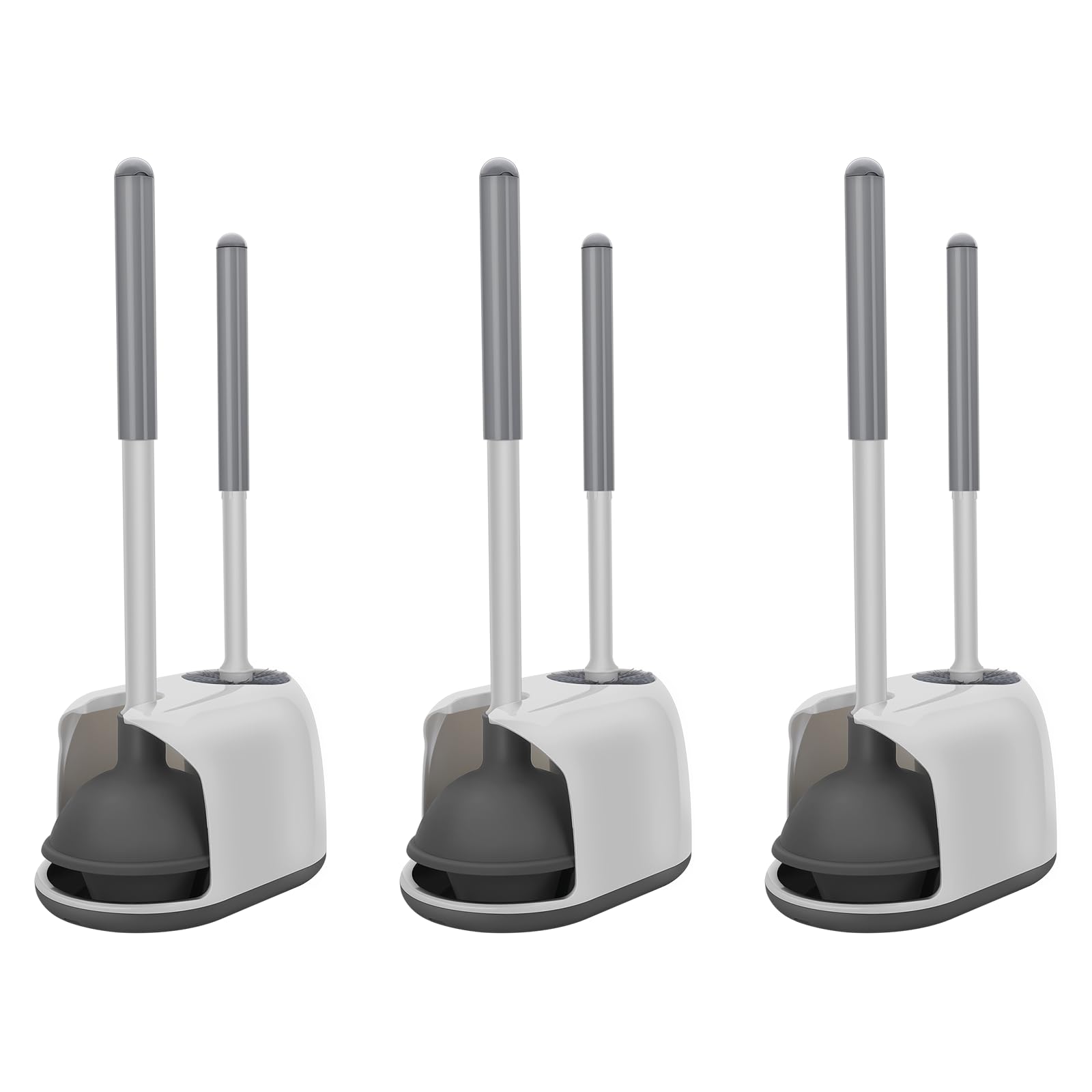 SetSail Toilet Brush and Plunger Set, 3 Pack Toilet Plungers for Bathroom Heavy Duty Toilet Bowl Brush and Holder Hidden Toilet Plunger and Brush Set for Deeply Cleaning - White & Grey
