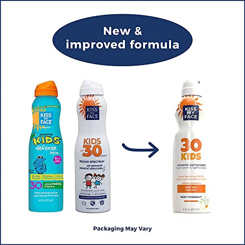 Kiss My Face Kids Mineral Continous Spray SPF 30, Water-Resistant Mineral Spray, Air Powered Sunscreen Spray For Kids, Reef-Friendly & Cruelty-Free, 6 fl Oz Spray Can (Packaging May Vary)