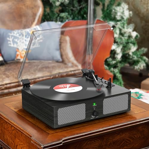 Vinyl Record Player with Build in Speakers Vintage Portable Turntable Supports Bluetooth Receiver USB Input,AUX Input,RCA Line Out,3 Speed and Headphone Jack Wooden Black