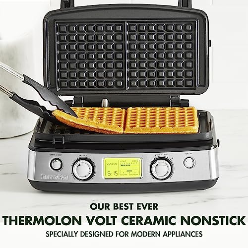 GreenPan Elite 2-Square Belgian & Classic Waffle Iron, Healthy Ceramic Nonstick Aluminum Dishwasher Safe Plates, Adjustable Shade/Crunch Controls, Wont Overflow, Easy Cleanup Breakfast, Black