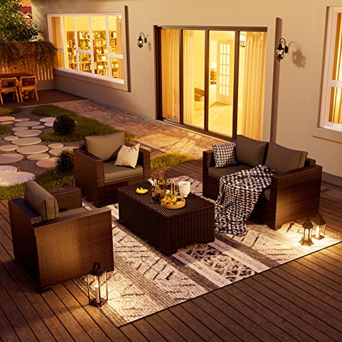 UDPATIO Patio Furniture Set with 44" Fire Pit Table, 7 Pieces Outdoor Furniture Sets, Wicker Rattan Patio Conversation Sets with Ottoman and Waterproof Covers for Porch Deck Backyard, Khaki