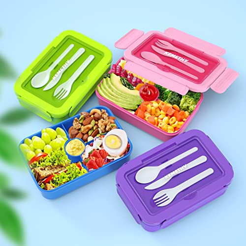 Bento Lunch Box for Kids, 4 Compartment Lunch Boxes Kids, Cutlery Storage Built-in Utensil Set, Leak-proof, Thicken, Microwave/Dishwasher/Freezer Safe, BPA-Free, Blue