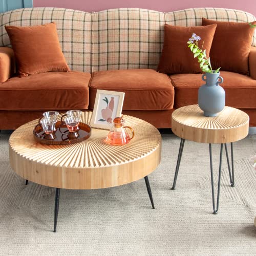 LONYKE 2-Piece Farmhouse Nesting Table Round with Handcrafted Wood Radial Pattern, Modern Coffee Table Set for Living Room
