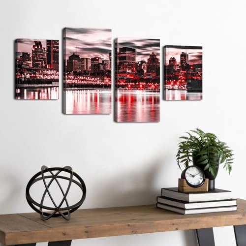 Boston Cityscape Red and Black Wall Art USA Pictures Canvas Print for Living Room Boston Night Scene Poster Office Paninting City Skyscraper Panoramic Wall Decor Modern Artwork Bedroom Home Decoration