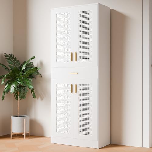 Cozy Castle Kitchen Pantry, 71" H Freestanding Rattan Pantry Cabinets with Doors, Adjustable Shelves and Drawer for Kitchen, Dining Room, Oak