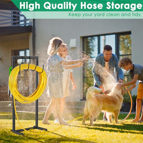 TomCare Garden Hose Holder Water Hose Holder with 4 Spikes Freestanding Garden Hose Stand Hose Storage Sturdy Hose Hanger Hose Reel Heavy Duty 6 Hooks Hose Organizer Holder for Outside, Black
