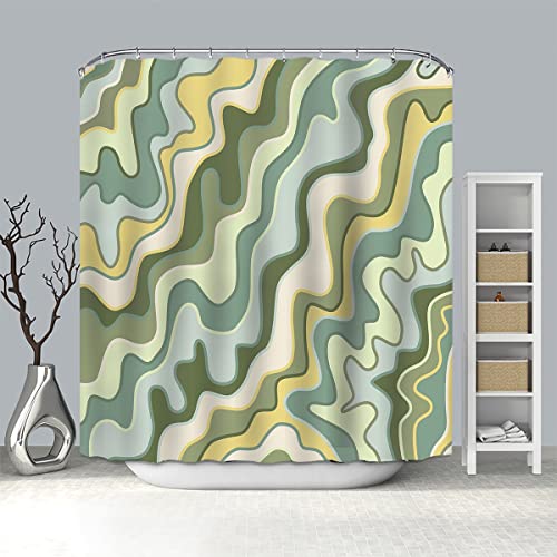 Mocsicka Retro 70s Hippie Shower Curtain Sage Green Groovy Waves Funky Shower Curtain for Bathroom Funky Abstract Art Shower Curtain Set with 12 Hooks, 72x72 Inches