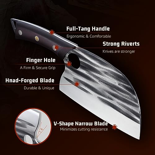 Huusk Knives from Japan, Upgraded Serbian Chef Knife Forged Butcher Knife with Sheath Japanese Meat Cleaver Knife for Meat Cutting Heavy Duty Chopping Knife for Outdoor Cooking, Camping