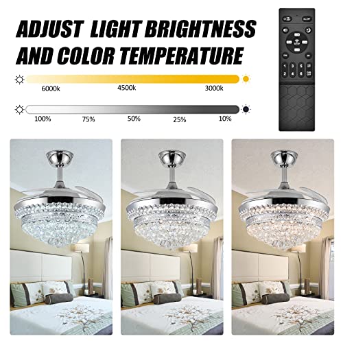 Panghuhu88 42" Invisible Ceiling Fan Chandelier with Light,Modern Crystal Ceiling Fan Light Remote Control 4 Retractable ABS Blades for Bedroom Living Dining Room Decoration (Silver)