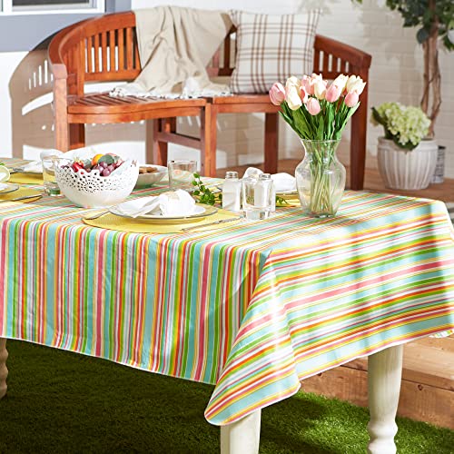 DII Vinyl Tabletop Collection Indoor/Outdoor Spill-Proof Flannel Backed Tablecloth, Rectangle, 60x102, Spring Stripe