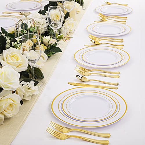 WDF 120 pieces Gold Disposable Plastic Plates - White and Gold Plates Include 10.25" Dinner Plates & 7.5" Salad Plates for Weddings and Party