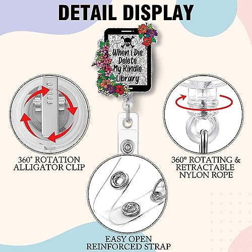 QYUVK Retractable When I Die Delete My Kindle Library Badge Reel with Alligator Clip, Funny Silver Glitter Foral Kindle Badge Holder Gift for Doctors Nurses Reading Lover Librarian Teacher