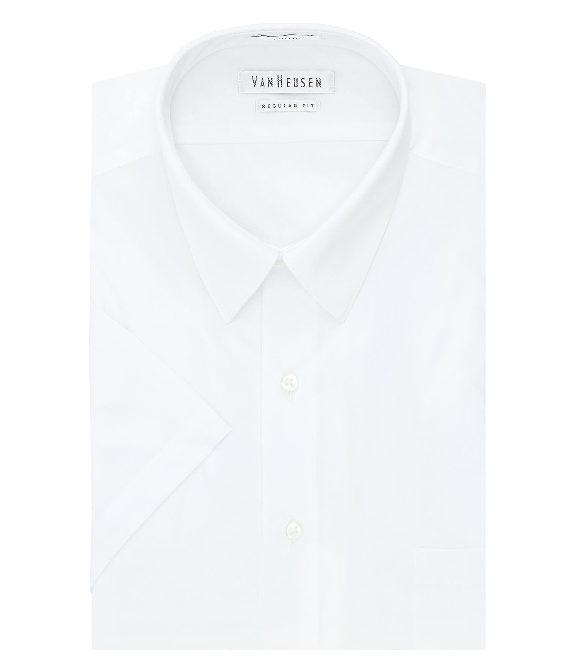 Van Heusen Men's Short Sleeve Dress Shirt Regular Fit Poplin Solid, White, 17.5" Neck