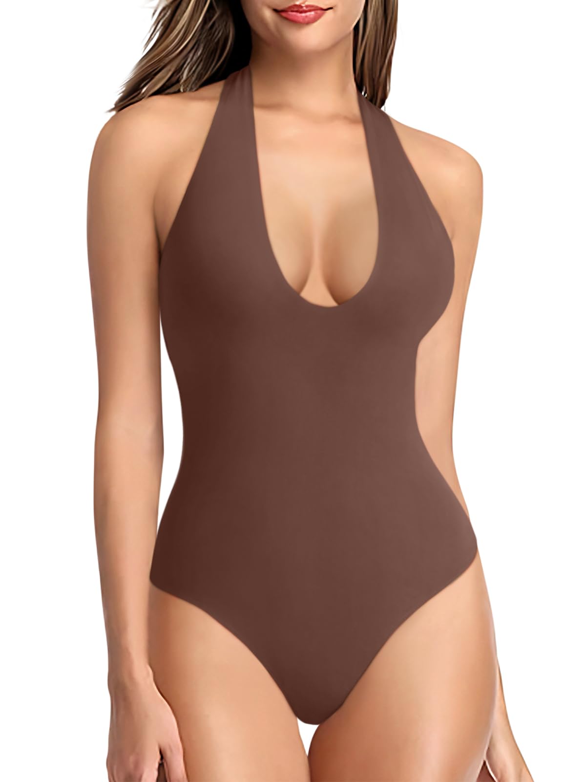 REORIA Bodysuits for Women Halter Tops 2025 Summer V Neck Backless Body Suits Tank Top Trendy Fashion Clothing Coffee X-Large