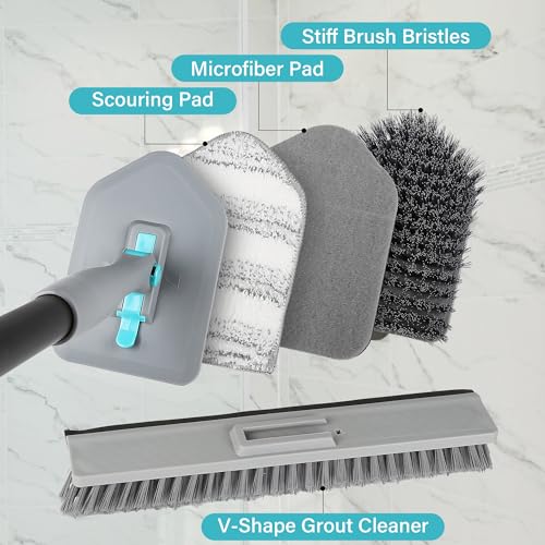 Scrub Brush with Long Handle, 5 in 1 Hard Bristle Shower Scrubber with Crevice Cleaning Brush and Squeegee, 50 inch Heavy Duty Stiff Brushes for Clean Bathroom Ceramic Tile Floor Toilet Tub Kitchen