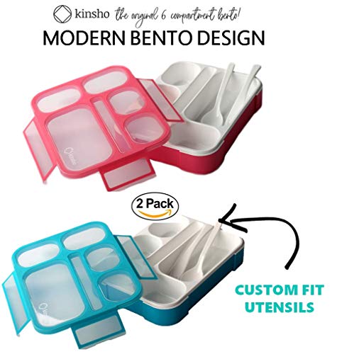 Bento Lunch Box Kids & Adult: Leakproof Containers for Boys & Girls with 6 Compartments - School, Daycare, Meal Planning Portion Control Container, BPA-Free Boxes, Utensils, Blue & Pink Set