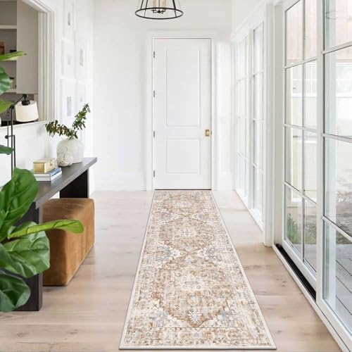 U'Artlines 2' x 6' Boho Hallway Runner Rug, Non Slip Washable Vintage Farmhouse Accent Area Rug Carpet for Kitchen Entryway Laundry and Living Room (Beige Khaki)