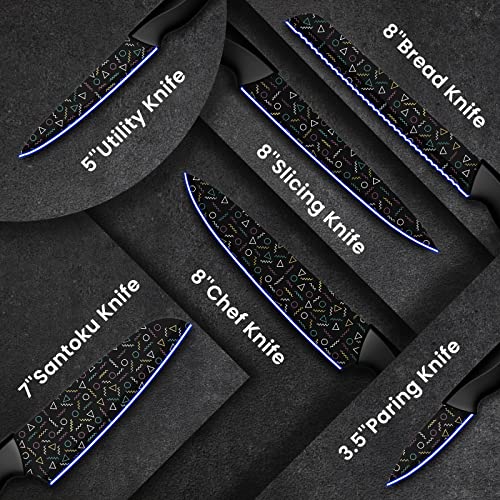 Astercook Knife Set, 12 Pcs Colorful Geometric Pattern Kitchen Knives Set, 6 Stainless Steel Chef Knife Sets with 6 Blade Guards, Dishwasher Safe, Black