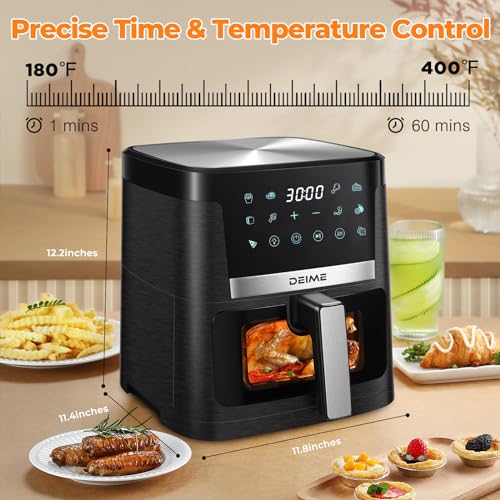 DEIME Air Fryer 7.5 QT 1700W Oilless Oven Healthy Cooker Air Fryers Large Capacity with 12 Presets, Visible Cooking Window, LCD Touch Screen, Customerizable Cooking, Non-Stick Basket (Black)