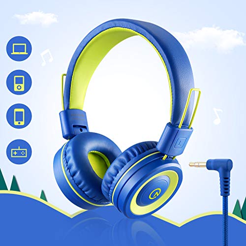 noot products Kids Headphones with Microphone K12 Stereo 5ft Long Cord with 85dB/94dB Volume Limit Wired On-Ear Headset for iPad/Amazon Kindle,Fire/Toddler/Boys/Girls/School(Blue/Lime)