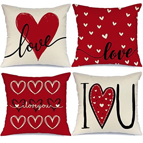 GEEORY Valentines Day Pillow Covers 18x18 Set of 4 Love Heart Valentines Day Decor Throw Pillows Decorative Cushion Cases for Sofa Couch Valentine Decorations