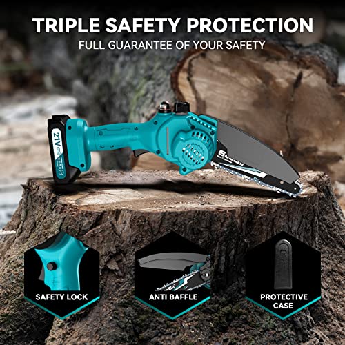 Seesii Mini Chainsaw 6 inch,Cordless Chainsaw w/ 2x2000mAh Batteries,Oiler System & Replacement Chain,Handheld Electric Chain Saw w/Safety Lock,Battery Powered Chainsaw for Wood Tree Cutting, CH600+