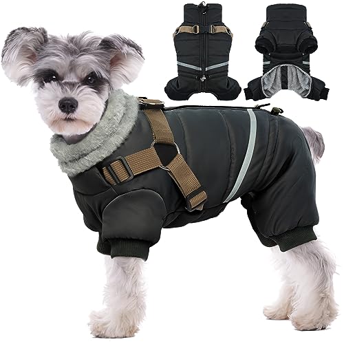 BRKURLEG Black Dog Coat with Harness, Dog Winter Jacket, Dogs Onesie Body Warm Jackets, Small Dogs Winter Coats Reflective Windproof Warm Cold Weather Coats, Pet Waterproof Jacket Hiking S