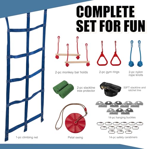 Slsy Ninja Warrior Obstacle Course for Kids, 50FT Durable Ninja Slackline Kit with 8 Complete Accessories, Playset Equipment with Swing, Climbing Net, Ladder & Monkey Bars (8 Obstacles)