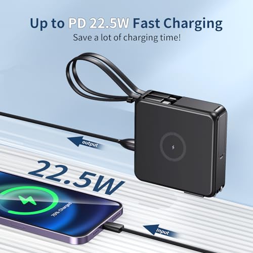 penaover Portable Charger with Built-in Cables&AC Wall Plug, 10000mAh Wireless Charging(No-Magnetic) Power Bank, PD 22.5W Fast Charging USB C Battery Pack Compatible with iPhone, Android, Samsung