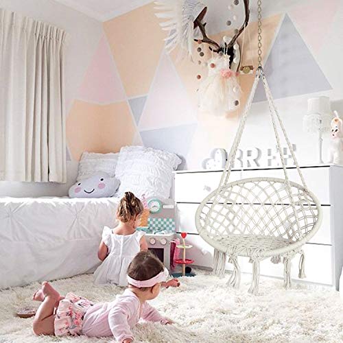 Mertonzo Hammock Swing Chair for 2-12 Years Old Kids,Handmade Knitted Macrame Hanging Swing Chair for Indoor,Bedroom,Yard,Garden- 230 Pound Capacity Off-White- 25.59" L x 18.11" W x 34.25" H
