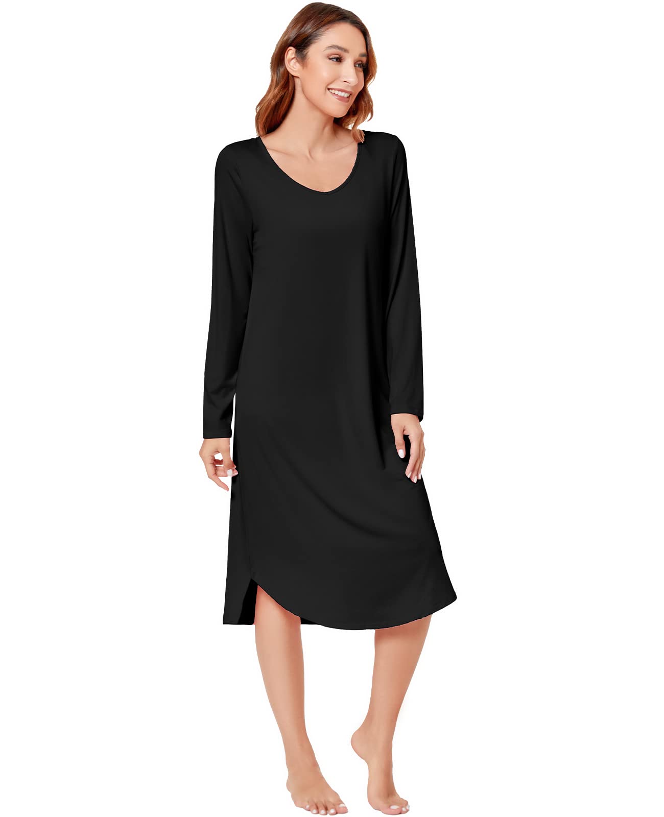 QUALFORT Womens Nightgowns Long Sleeve Nightgown V Neck Loungewear Side Slit Soft Nighdress B-black